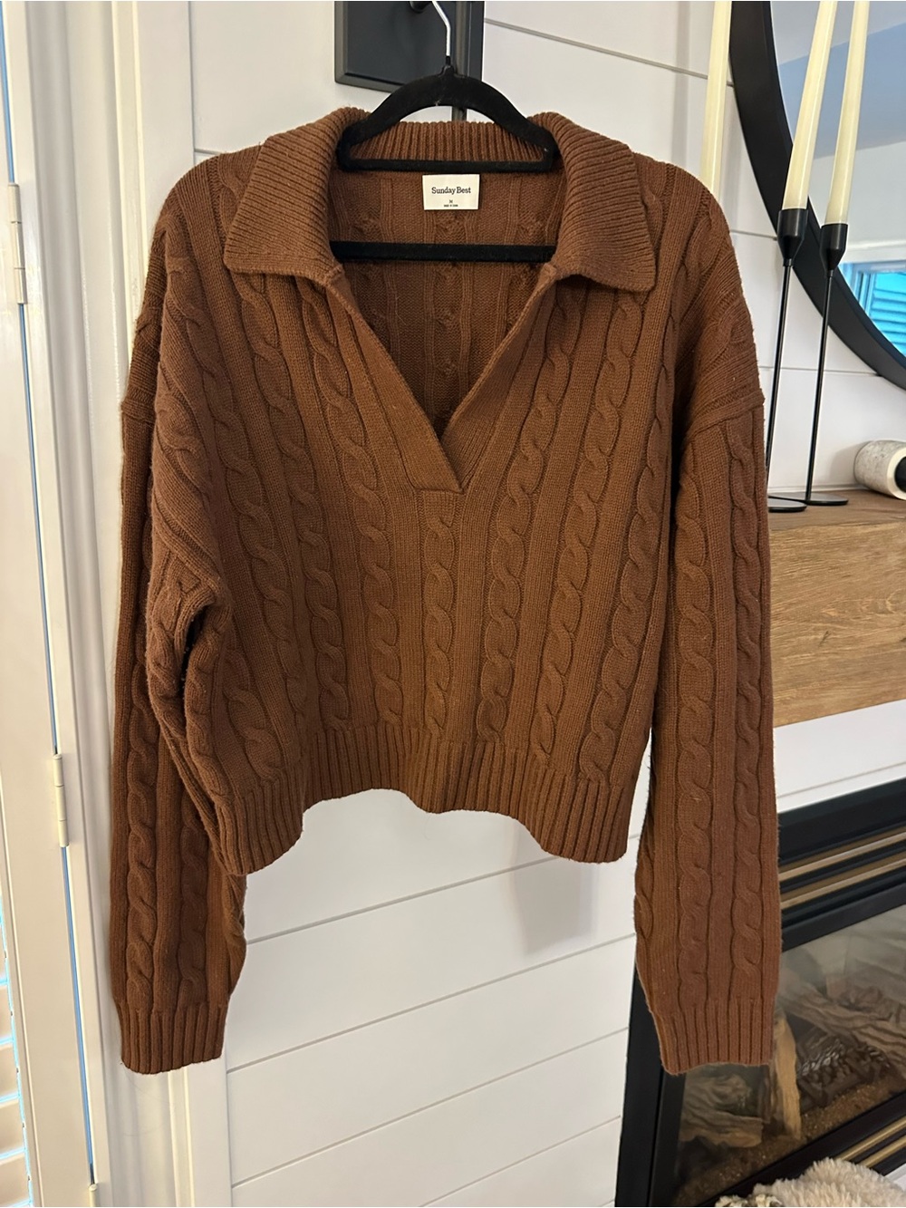 Sunday Best “Lottie” Women's Cable Knit Polo Sweater in Brown - Merino Wool